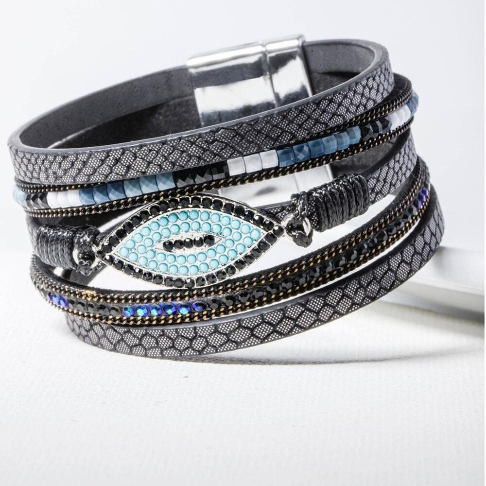 Vegan Leather Evil Eye Stacked Bracelet